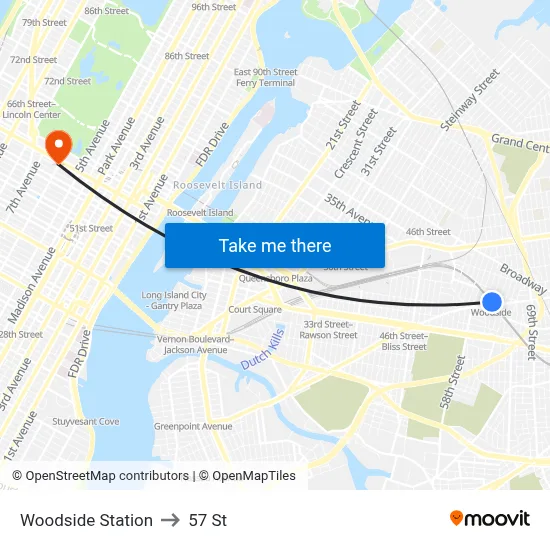 Woodside Station to 57 St map