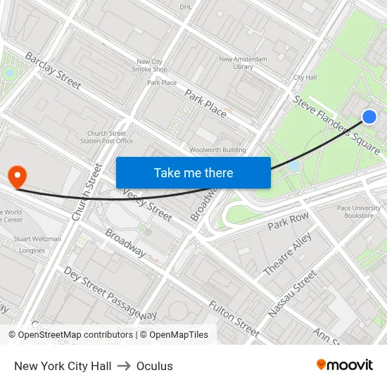 New York City Hall to Oculus map