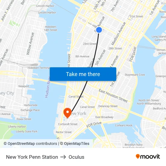 New York Penn Station to Oculus map