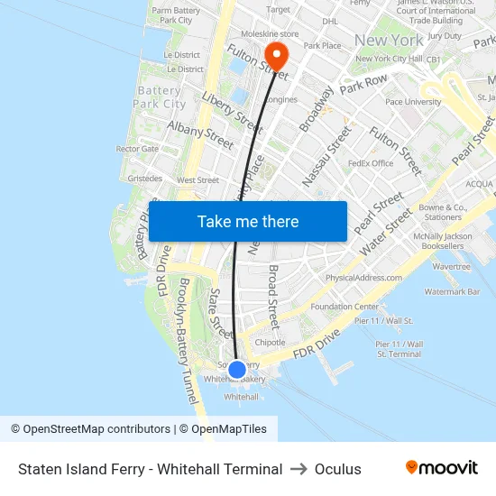 Staten Island Ferry - Whitehall Terminal to Oculus map