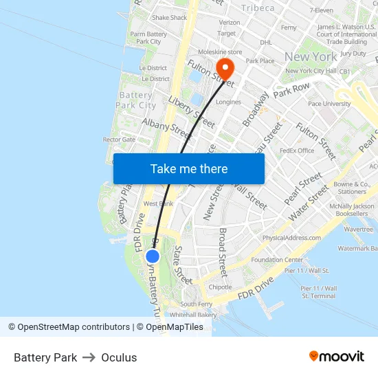 Battery Park to Oculus map