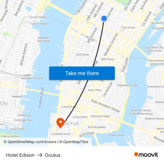 Hotel Edison to Oculus map