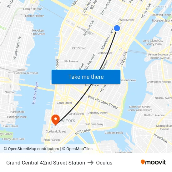 Grand Central 42nd Street Station to Oculus map