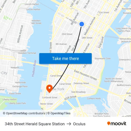 34th Street Herald Square Station to Oculus map
