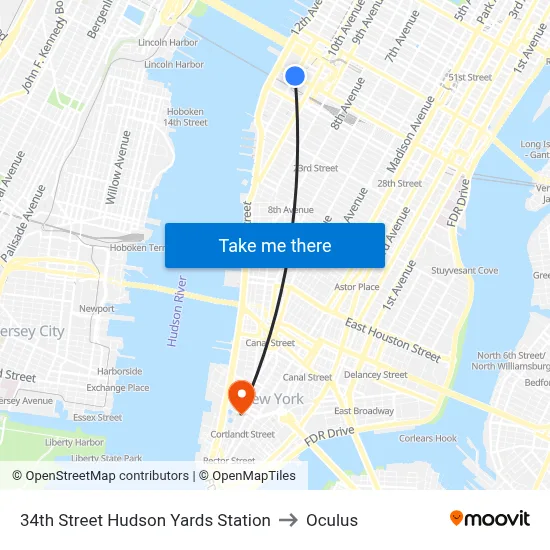 34th Street Hudson Yards Station to Oculus map
