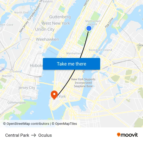 Central Park to Oculus map