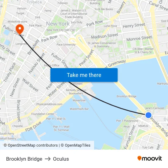 Brooklyn Bridge to Oculus map