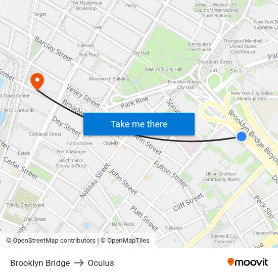 Brooklyn Bridge to Oculus map