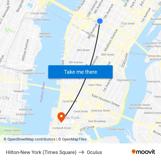 Hilton-New York (Times Square) to Oculus map