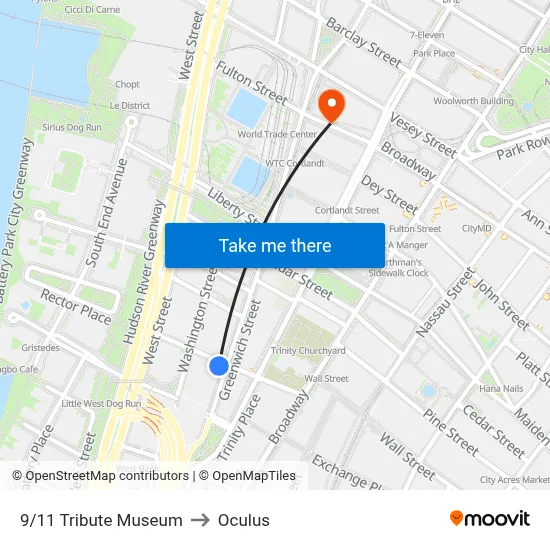 9/11 Tribute Museum to Oculus map