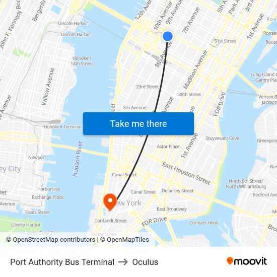 Port Authority Bus Terminal to Oculus map
