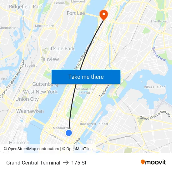 Grand Central Terminal to 175 St map