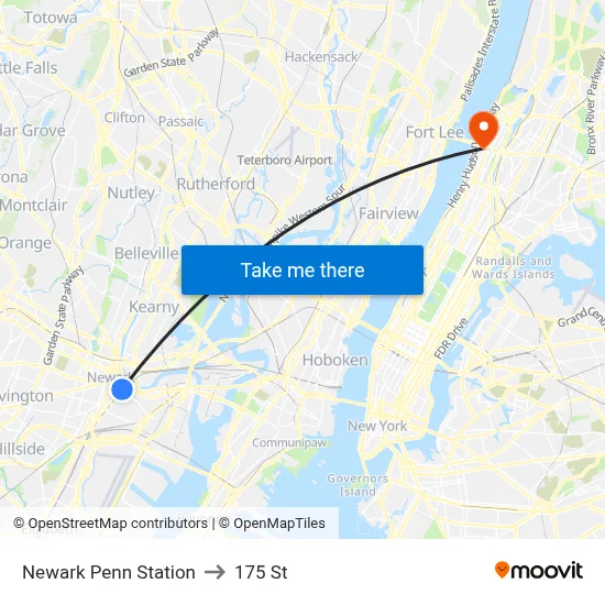 Newark Penn Station to 175 St map