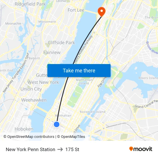 New York Penn Station to 175 St map