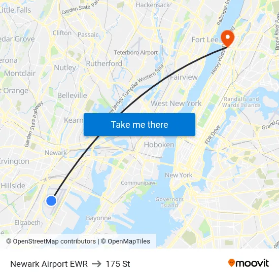Newark Airport EWR to 175 St map