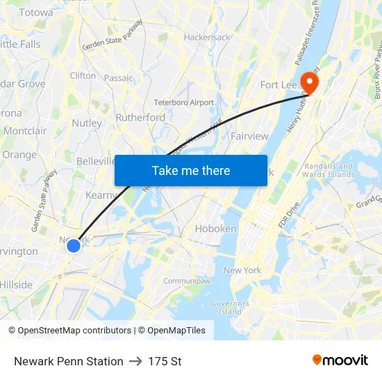 Newark Penn Station to 175 St map