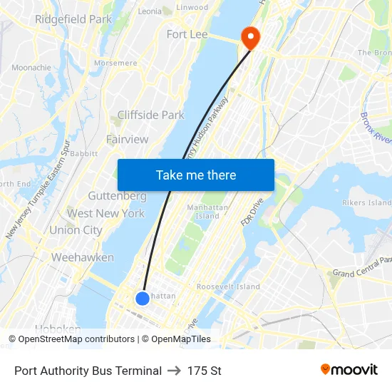 Port Authority Bus Terminal to 175 St map