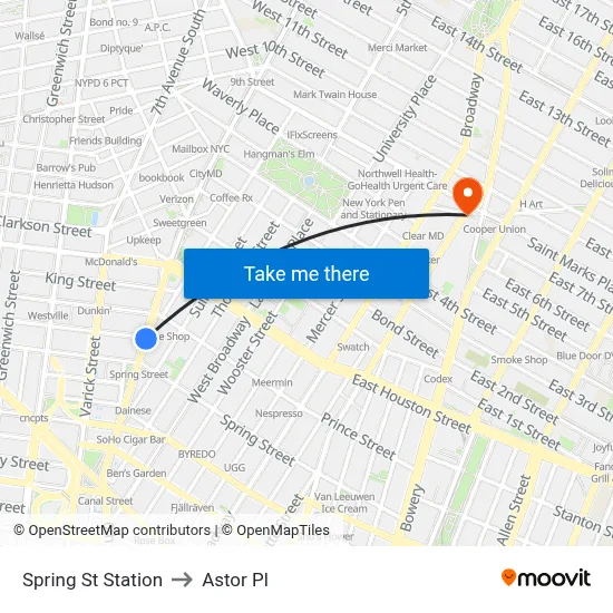 Spring St Station to Astor Pl map