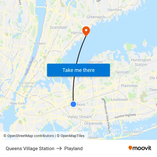 Queens Village Station to Playland map