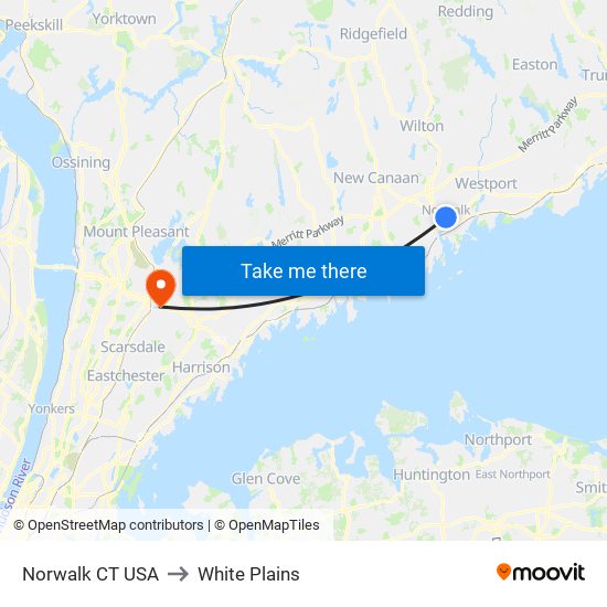 Norwalk CT USA to White Plains map