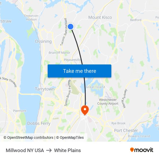 Millwood NY USA to White Plains map