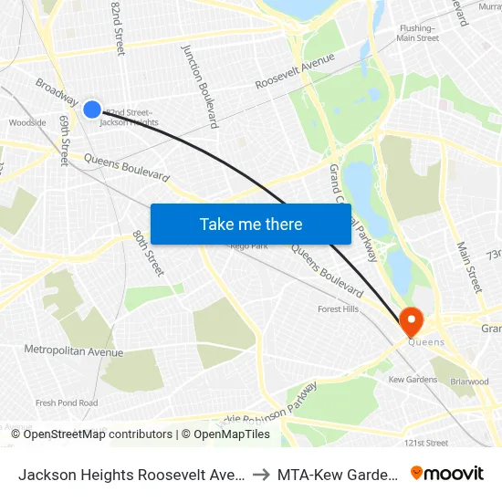 Jackson Heights Roosevelt Avenue 74th Street Station to MTA-Kew Gardens-Union Tpke map