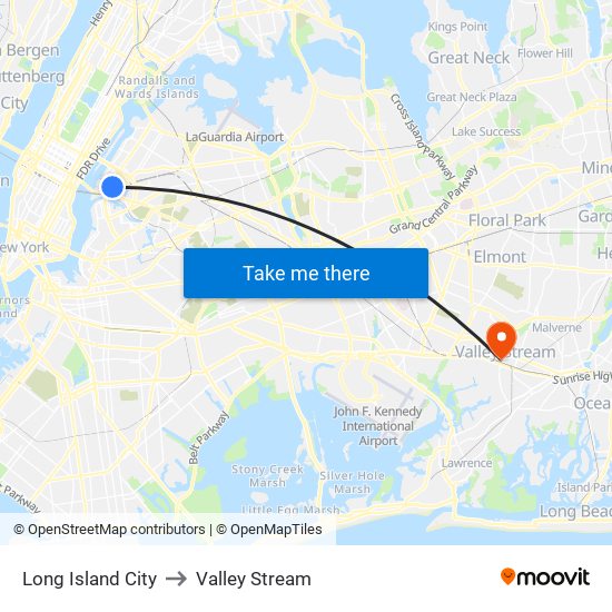 Long Island City to Valley Stream map