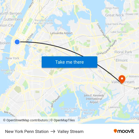 New York Penn Station to Valley Stream map