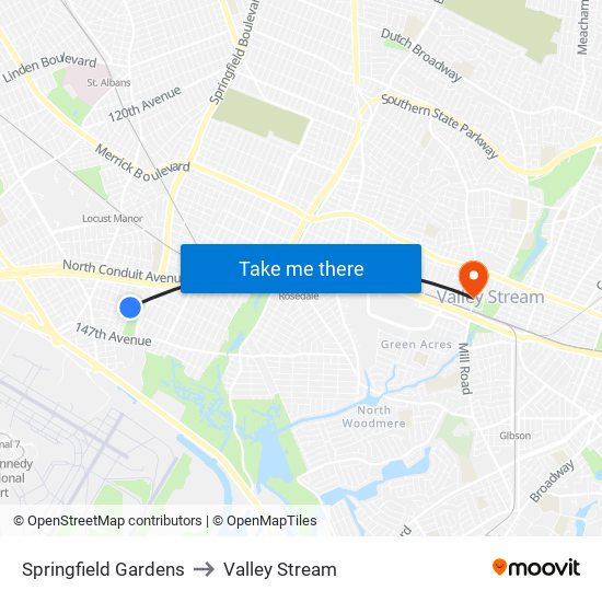 Springfield Gardens to Valley Stream map