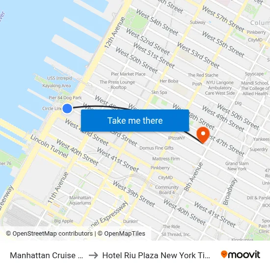 Manhattan Cruise Parking to Hotel Riu Plaza New York Times Square map