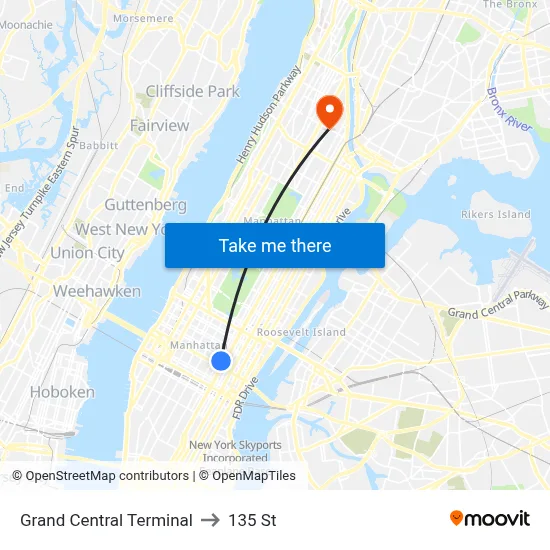 Grand Central Terminal to 135 St map