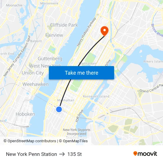 New York Penn Station to 135 St map