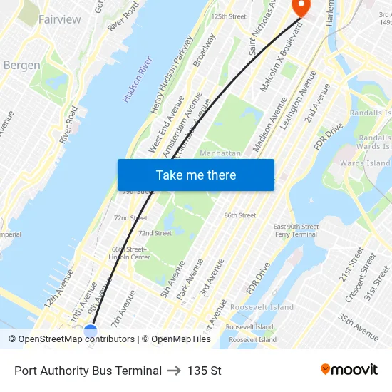 Port Authority Bus Terminal to 135 St map
