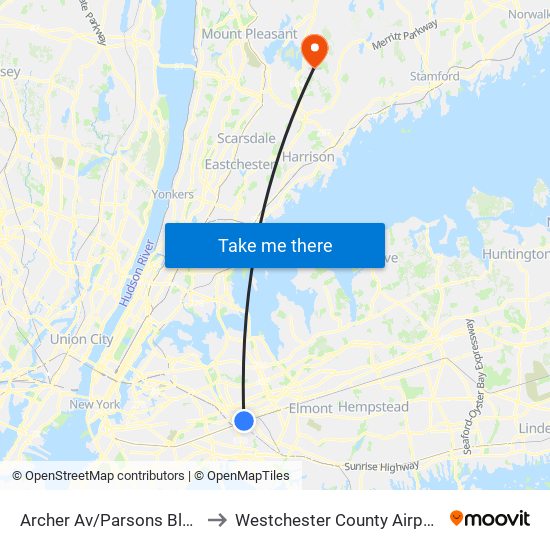 Archer Av/Parsons Blvd Bay D to Westchester County Airport (HPN) map