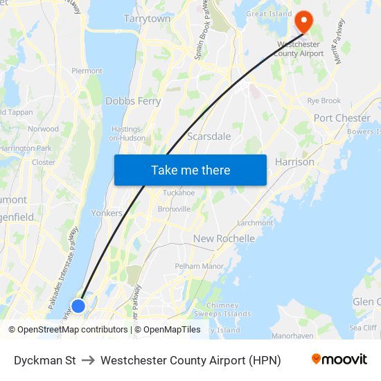 Dyckman St to Westchester County Airport (HPN) map