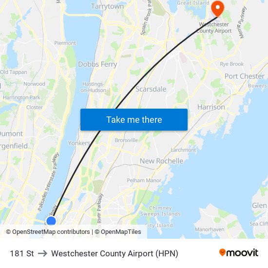 181 St to Westchester County Airport (HPN) map
