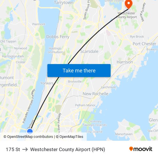 175 St to Westchester County Airport (HPN) map