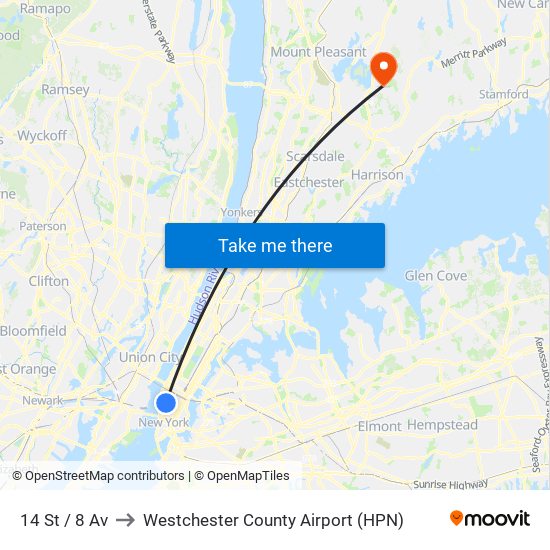 14 St / 8 Av to Westchester County Airport (HPN) map