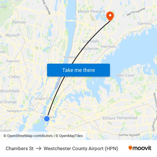 Chambers St to Westchester County Airport (HPN) map