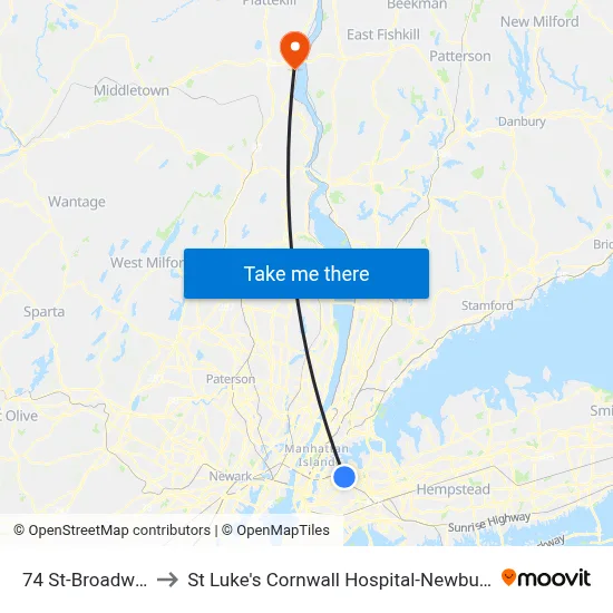 74 St-Broadway to St Luke's Cornwall Hospital-Newburgh map