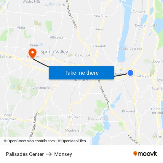 Palisades Center to Monsey map