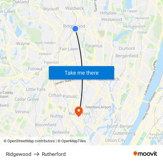 Ridgewood to Rutherford map