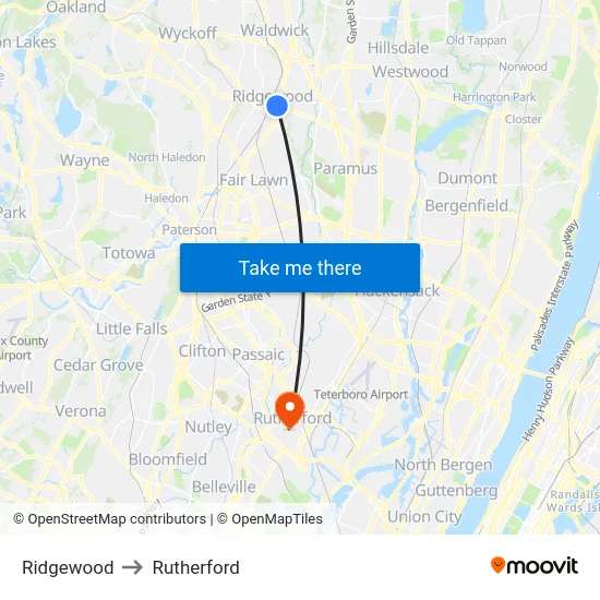 Ridgewood to Rutherford map