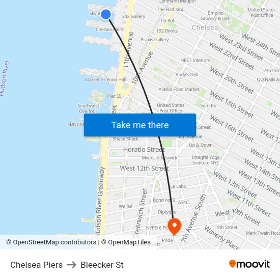 Chelsea Piers to Bleecker St map