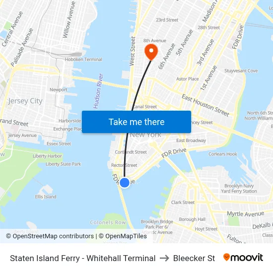 Staten Island Ferry - Whitehall Terminal to Bleecker St map