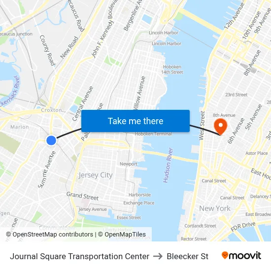 Journal Square Transportation Center to Bleecker St map