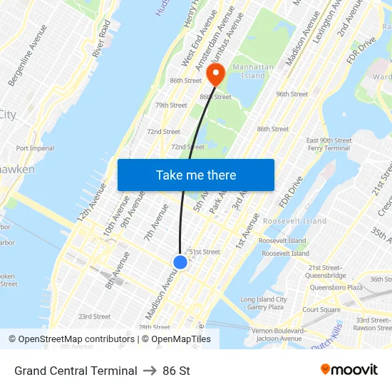 Grand Central Terminal to 86 St map