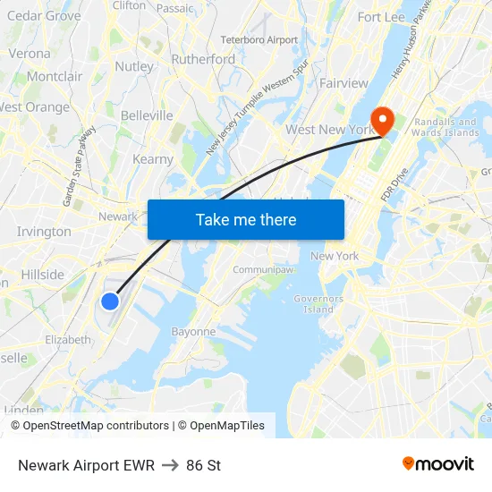 Newark Airport EWR to 86 St map