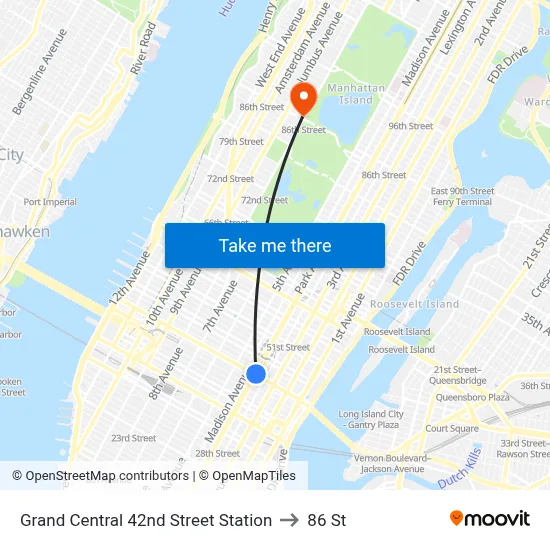 Grand Central 42nd Street Station to 86 St map