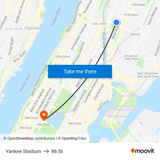 Yankee Stadium to 86 St map